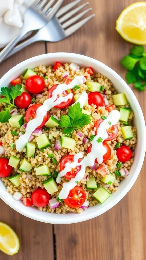 A colorful quinoa salad with tomatoes, cucumbers, red onion, and Greek yogurt dressing on a rustic table.